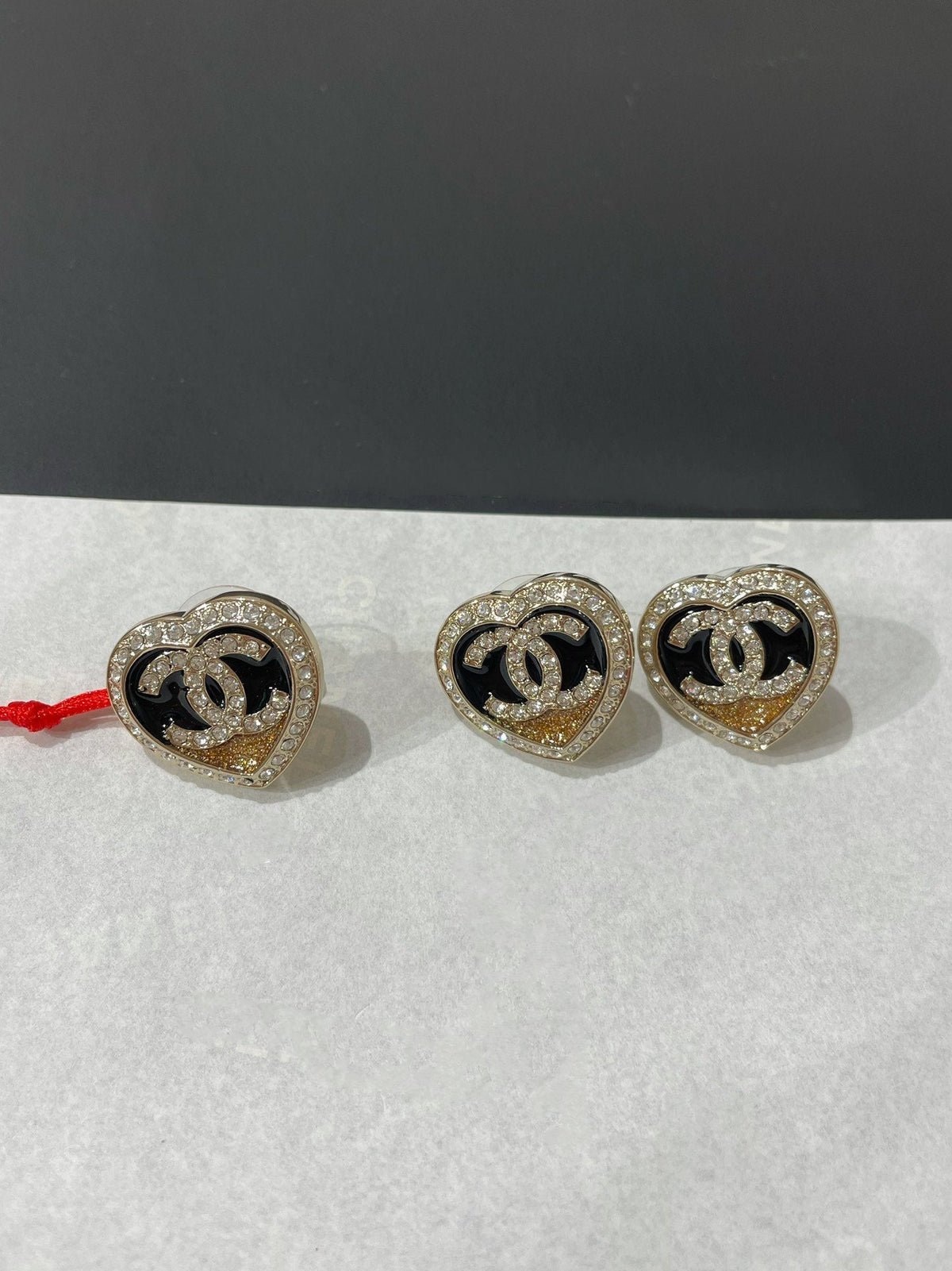 Chanel Diamond Paved Heart Black Enamel Stud Earrings