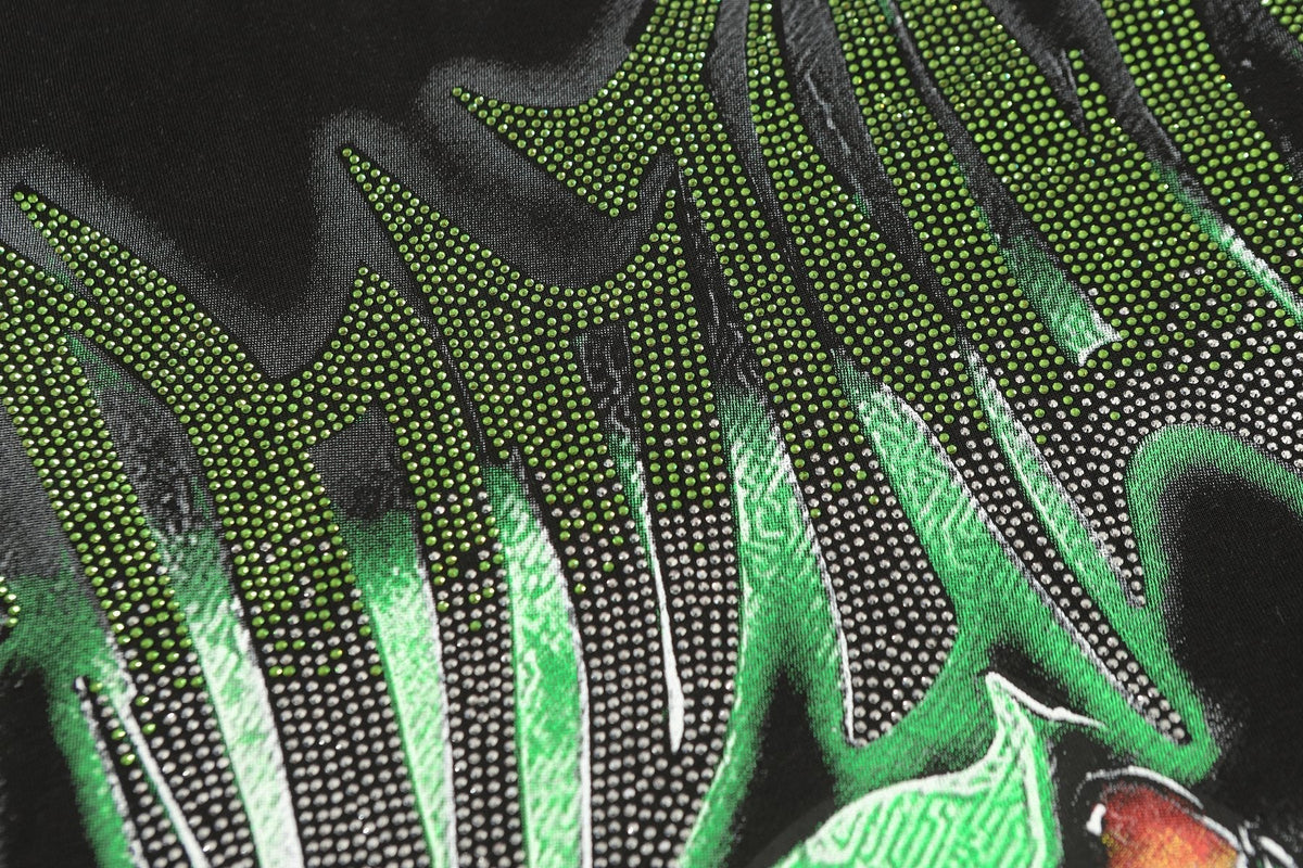 MIXED EMOTION Green Graphic Rhinestone T-Shirt — detail