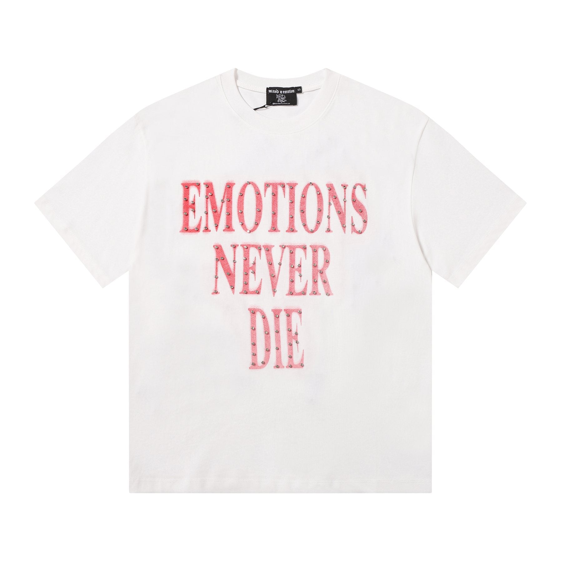MIXED EMOTION Never Die Studded Graphic T-Shirt — front