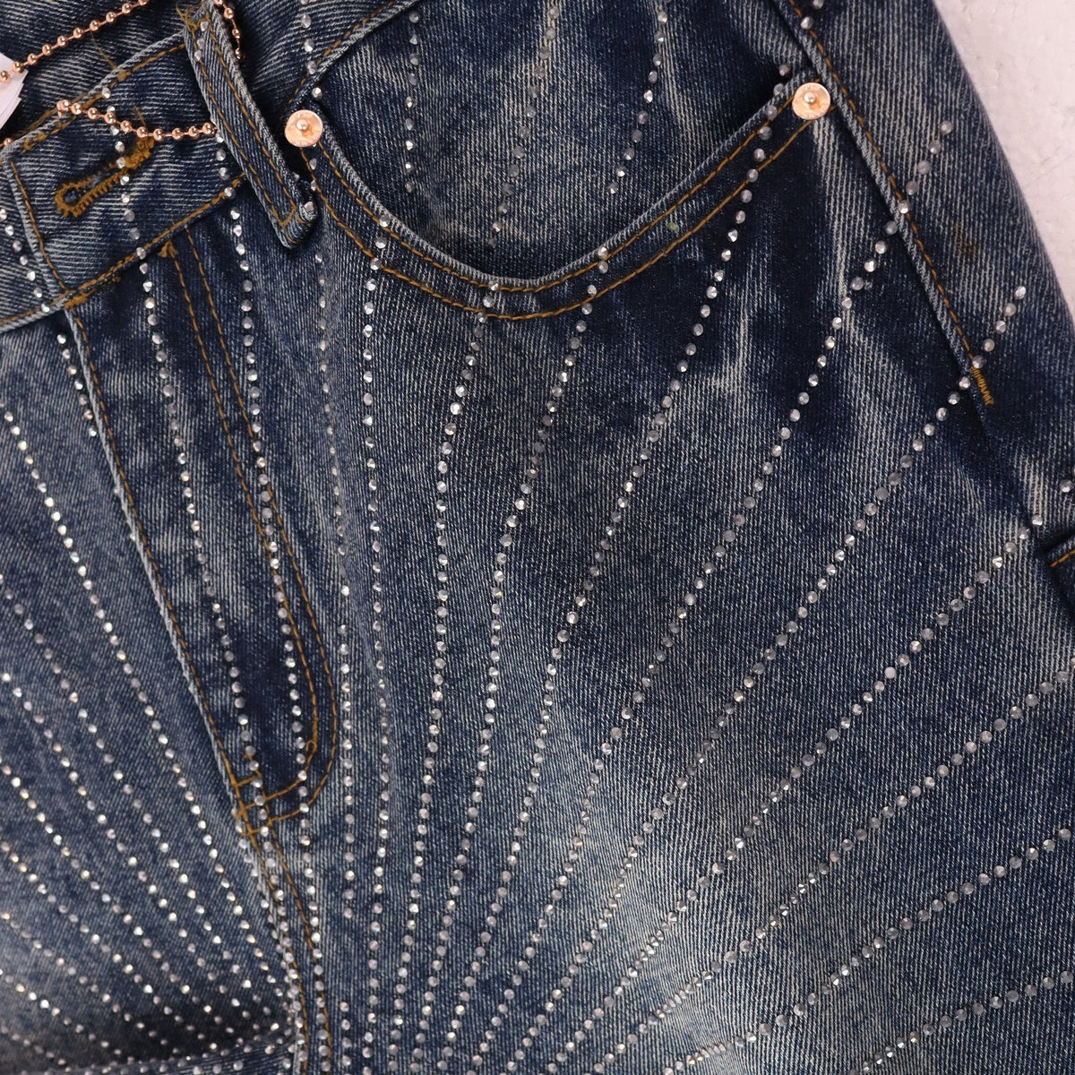 PURPLE Rhinestone Washed Denim Shorts — detail