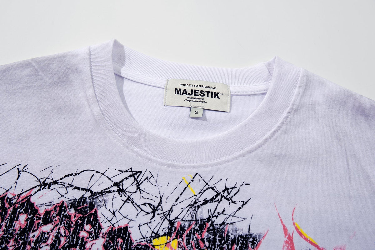 MAJESTIK Distressed Rhinestone Graphic T-Shirt — neck_label