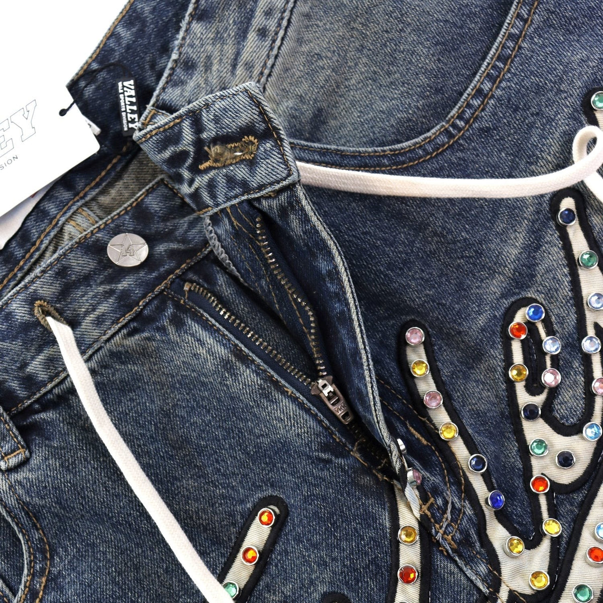 VALE Skittle Graphic Washed Denim Shorts — detail
