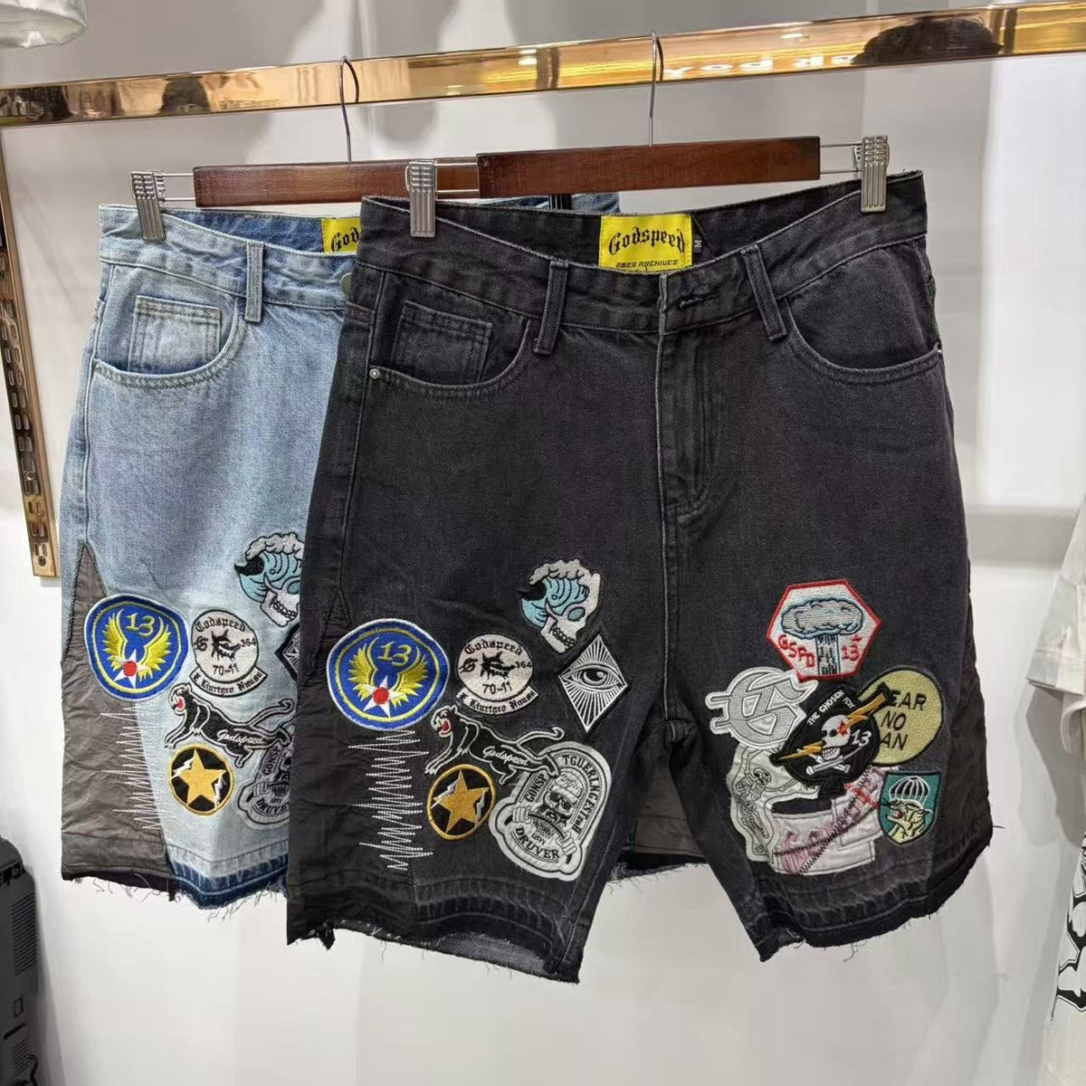 Godspeed Fear No One Patch Denim Shorts — comparison