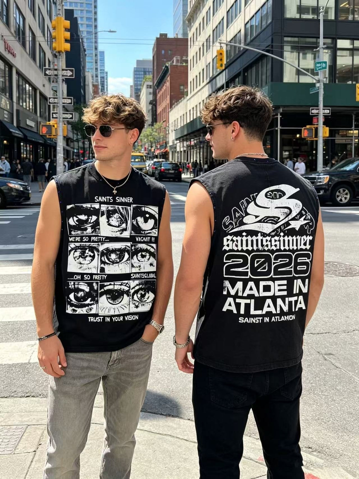 SAINT Sinner Washed Graphic Sleeveless T-Shirt — context