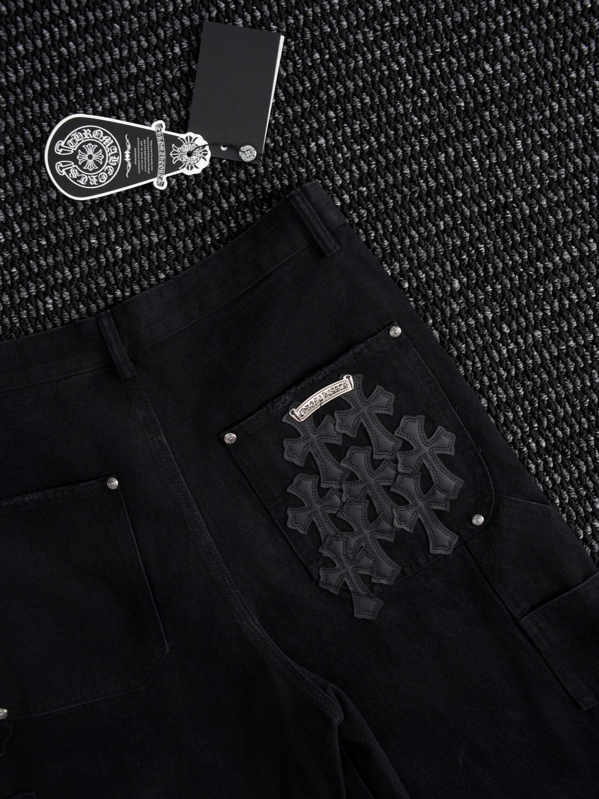 Chrome Hearts Black Graphic Appliqué Denim Cargo Shorts — detail