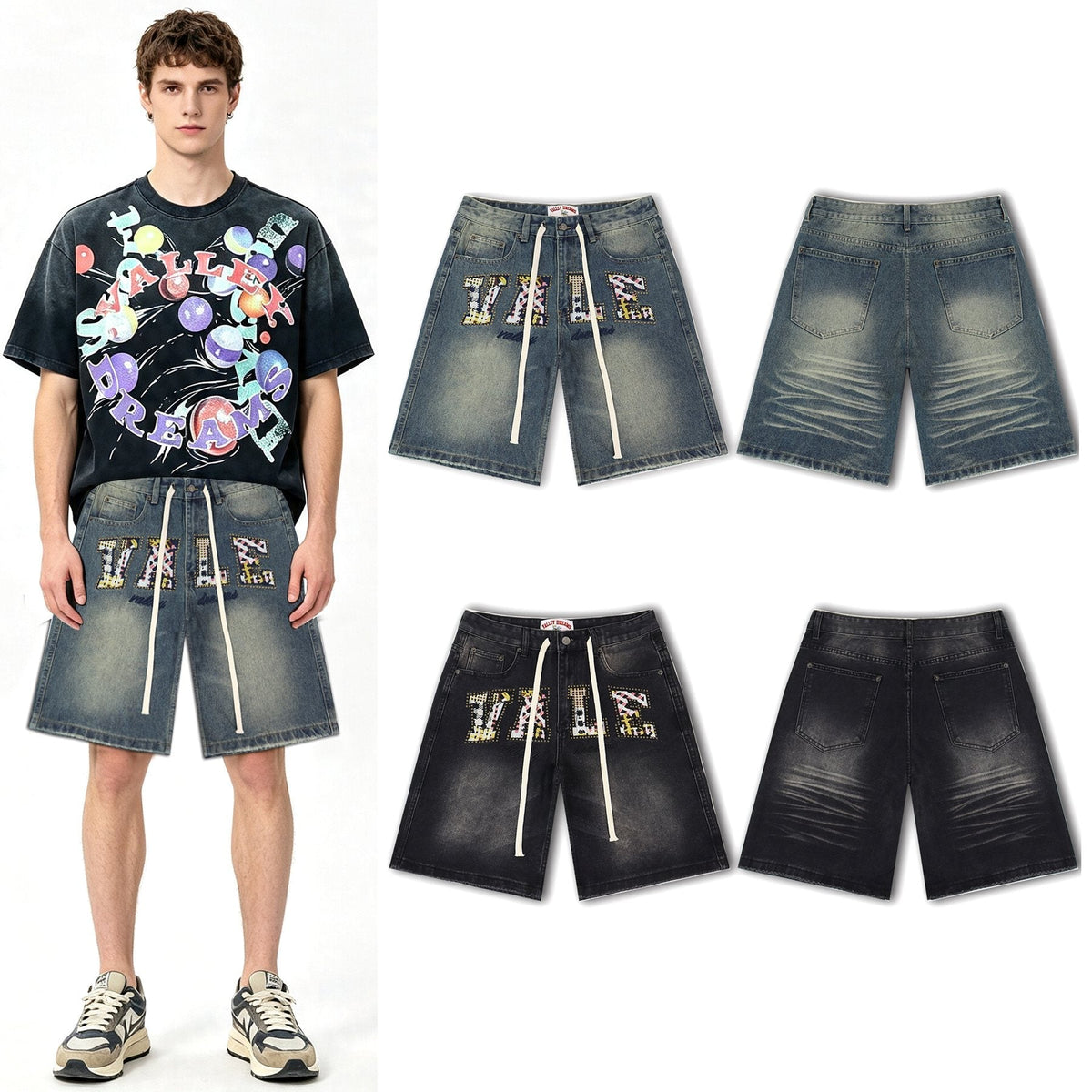 Valley Dreams Plaid Appliqué Rhinestone Denim Shorts — context