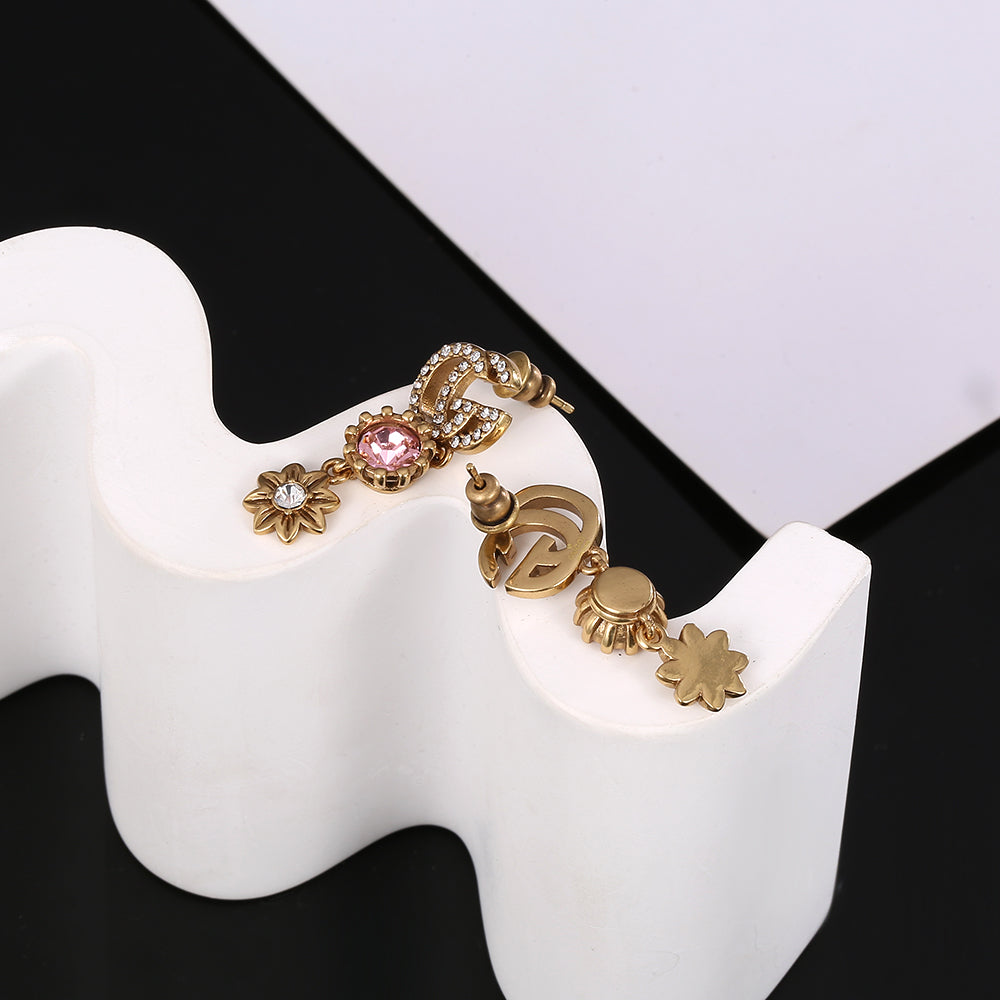 18K Double Gucci Flower Crystal Earrings