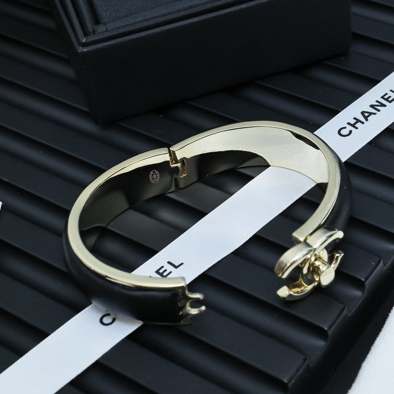 18K  Chanel Black Leather Cuff Bracelet