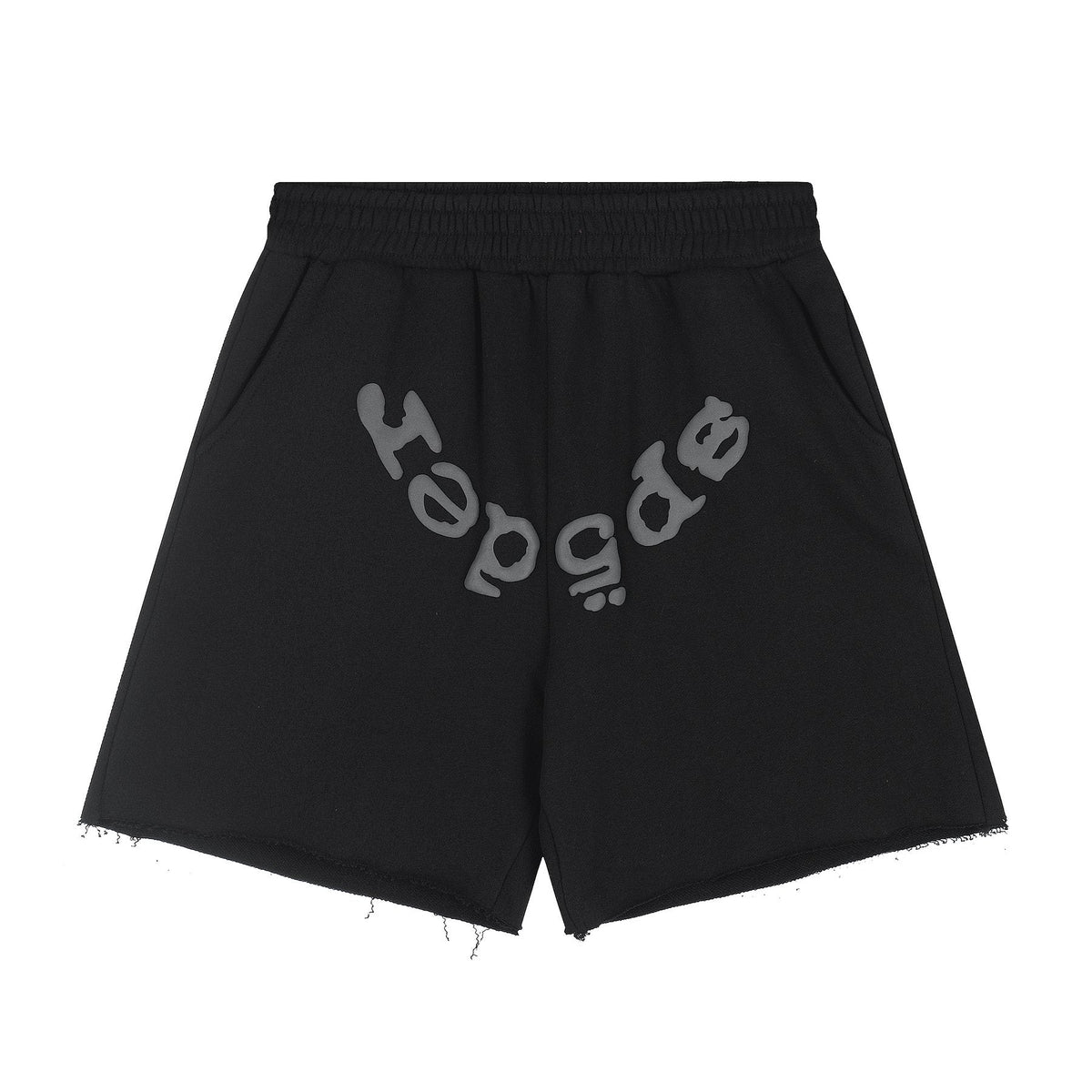 Sp5der Curved Wordmark Raw-Hem Shorts — front