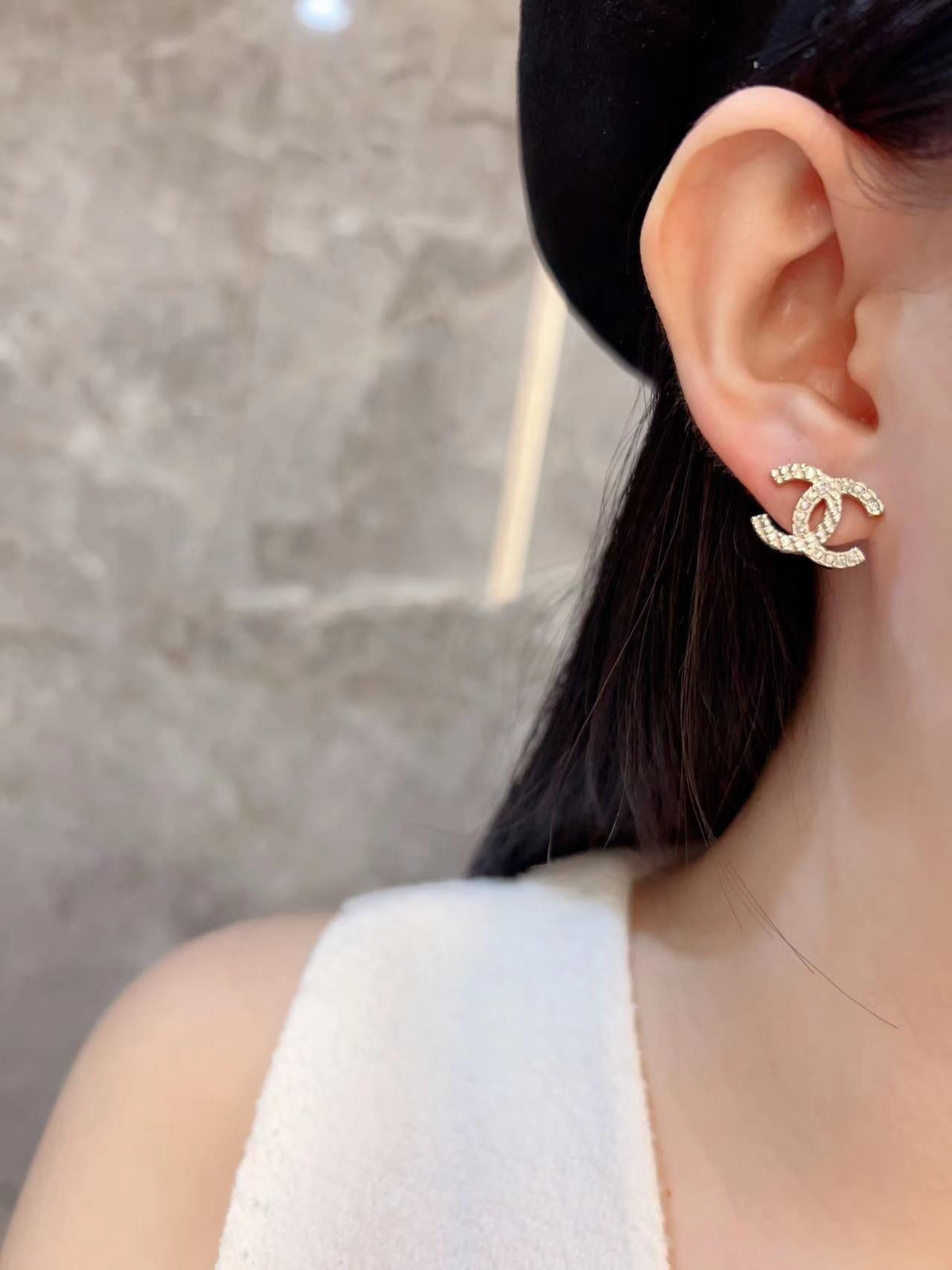 Chanel Double C Half Diamonds Gold Earrings